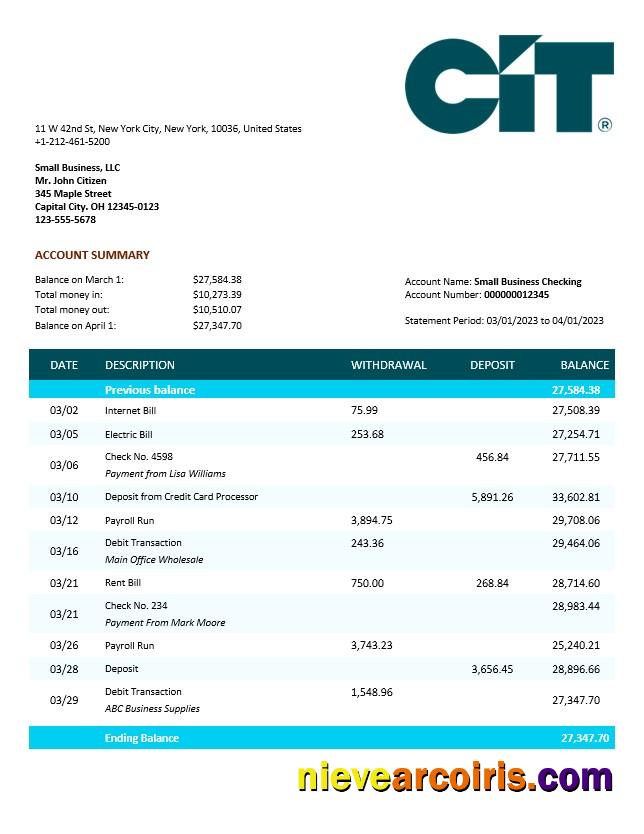 CIT Bank business checking account statement